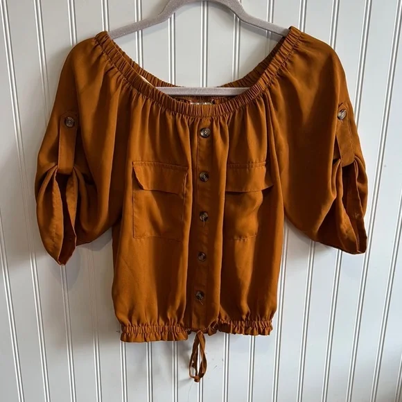Orange Puff Sleeve Crop Blouse with Tie Front - Picture 1 of 5